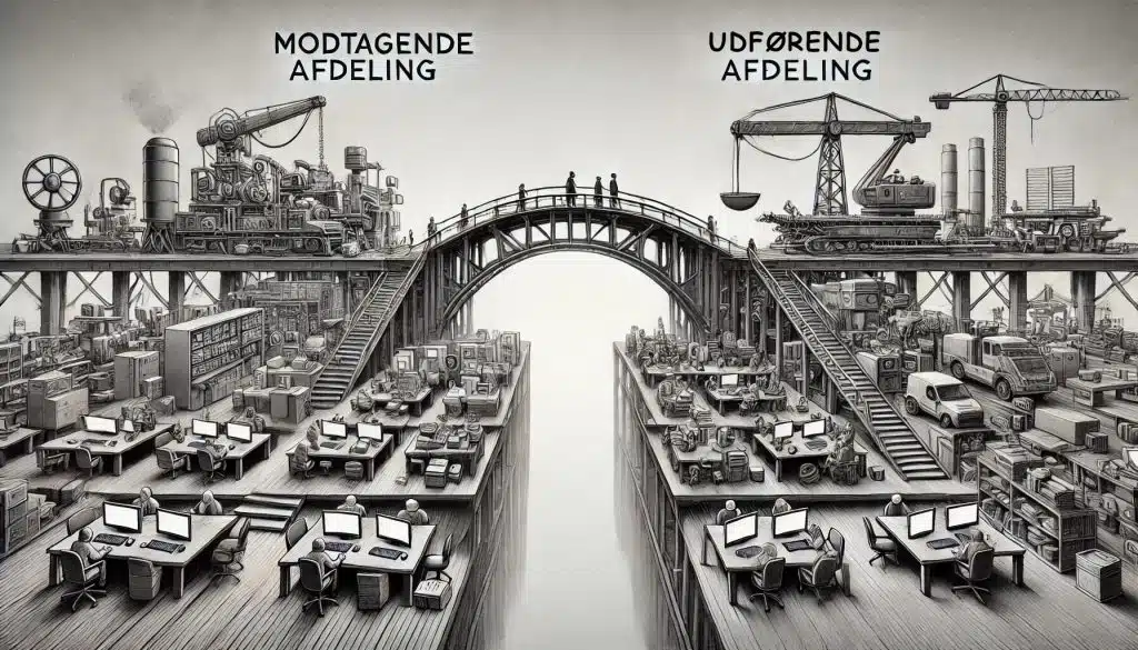 Skab ensretning mellem afdelinger i din organisation. Illustration af broen mellem modtagende afdeling og udførende afdeling